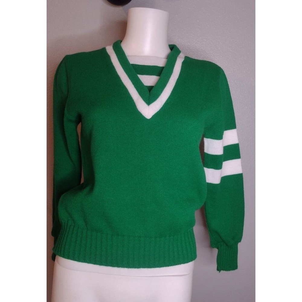 Vintage Dehen Girls Women's Sweater Green White V-neck Varsity School JJ
